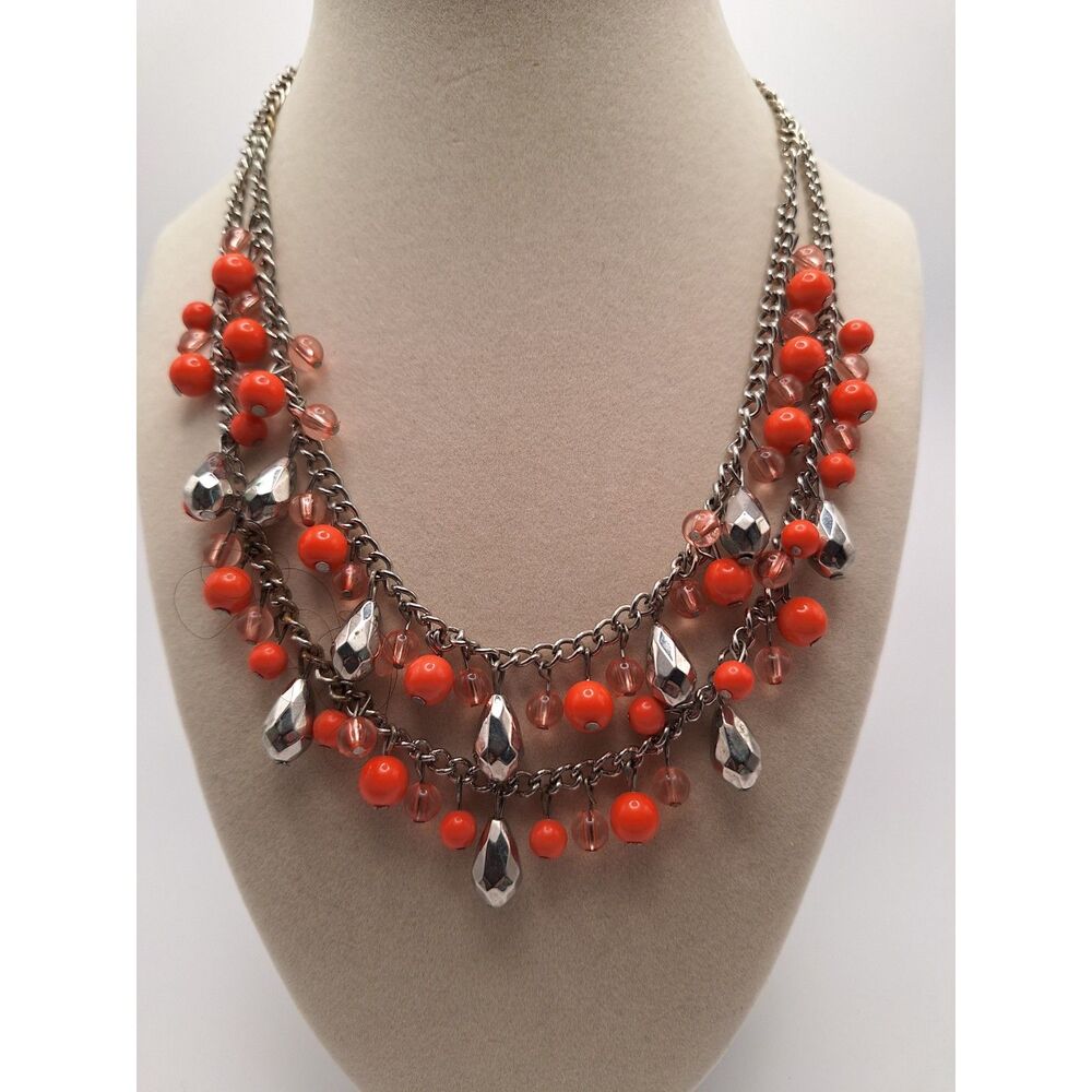 Coral color necklace drop dangle silver drops 2 strands acrylic in gold tone